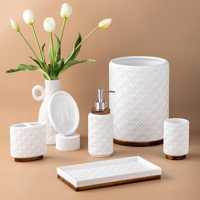 RQYIXI Elegant 6 PCS Ceramic&Wood Bathroom Accessories Set:Soap Dispenser,Toothbrush Holder,Tumbler,Soap Dish,Tray,Trash Can,Easy to Clean,Quatrefoil Pattern,White-Affordable Home Luxury