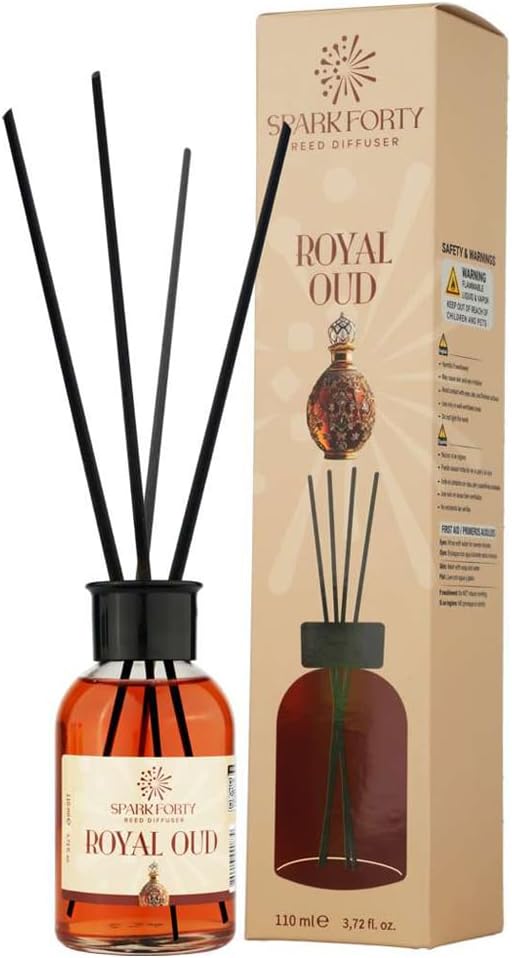 Royal Oud Reed Diffuser Home Fragrance, Luxury Glass Bottle 110ml Scent, Warm Spicy Amber & Patchouli Long-Lasting Home Decor Gift