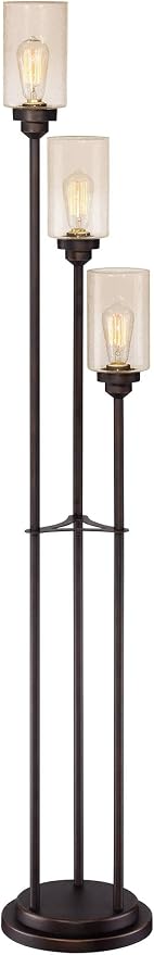 Franklin Iron Works Libby Modern Industrial Tree Floor Lamp Standing 66" Tall Oiled Bronze Metal 3-Light Amber Seedy Glass for Living Room Reading Bedroom Office House Home Decor