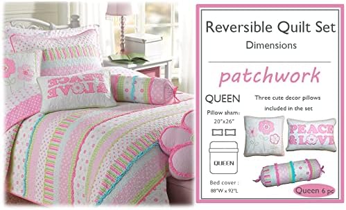 Cozy Line Home Fashions Pink Ruffle Flowers Polka Dot Girl 100% Cotton Reversible Quilt Bedding Set, Coverlet, Bedspread for All Seasons (Queen - 6 Piece)