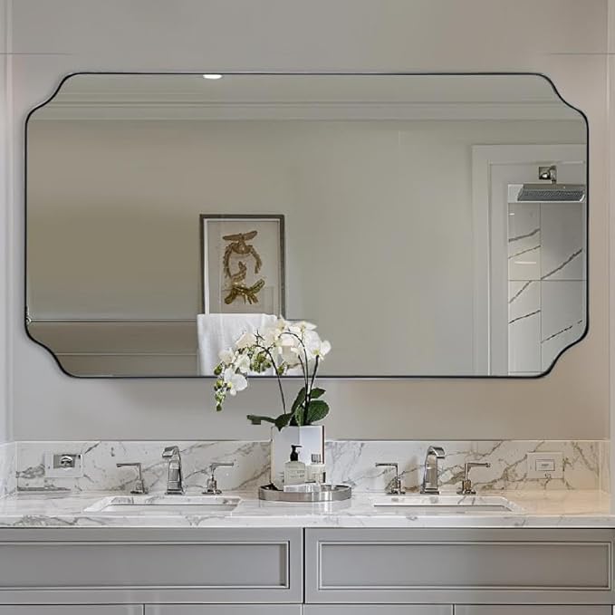 ANDY STAR 30"x55" Large Bathroom Mirror, Chrome Scalloped Mirror for Wall, Full Length Wall Mirror with Unique Notched Corner Design, Hangs Vertically or Horizontally