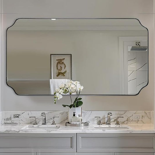 ANDY STAR 30"x55" Large Bathroom Mirror, Chrome Scalloped Mirror for Wall, Full Length Wall Mirror with Unique Notched Corner Design, Hangs Vertically or Horizontally