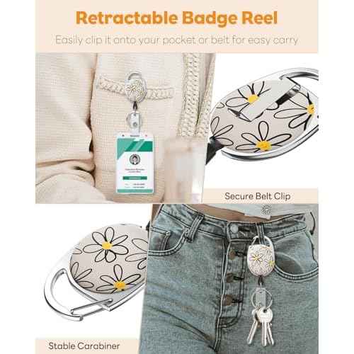 Uniclife Floral Retractable Badge Reel for Badge Holder White Flower Heavy Duty Retractable Keychain Strong ABS Casing with Stainless Steel Spring Coil 24 Inch Nylon Rope Carabiner Clip and Key Ring
