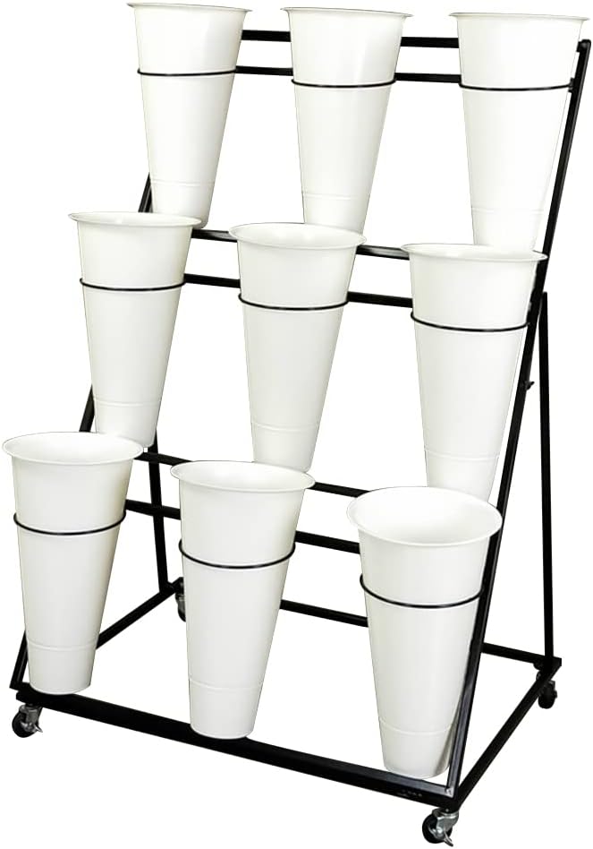 Decorative Flower Display Stand with Buckets for Cut Flowers, Heavy Duty Rolling Plant Stand on Wheels, Indoor Outdoor Flower Cart Ladder Shelf for Florist, Garden, Patio (3 Tier 9 White Bucket)