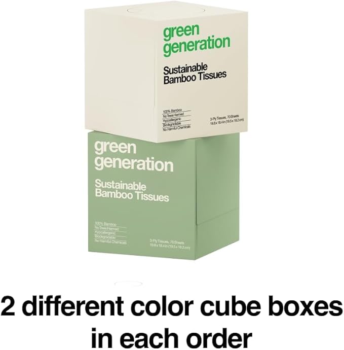 Green Generation Bamboo Facial Tissues Cube Boxes - 3-Ply, 70 Sheets/Box, 12 Multicolor Face Tissue Boxes, 840 Unscented Organic Soft Paper Facial Tissuefor Daily Use - Hypoallergenic,FSC Certified