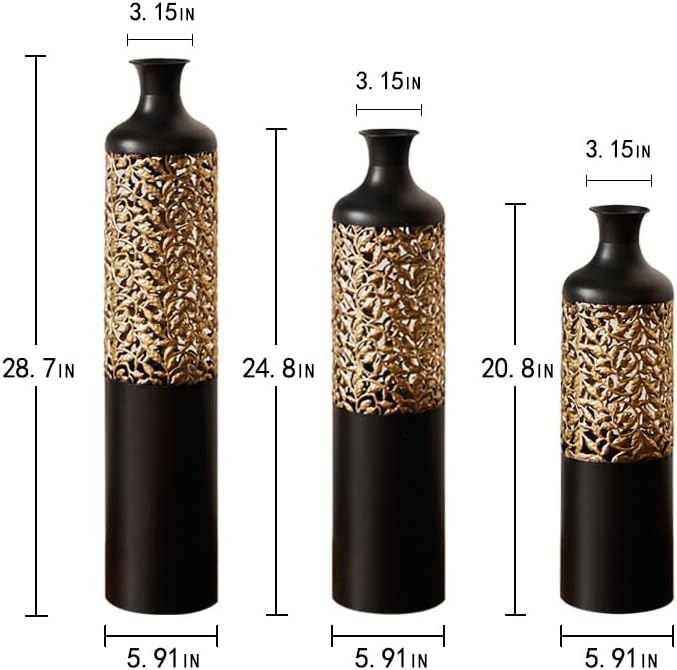 Metal Floor Vases Decorative, Set of 3 Flower Arrangement Stand, Metal Decorative Vase Tall Distressed Metallic Centerpiece Vases with 3D Triangle Pattern, 28.7", 24.8", 20.8" H (Black＆Gold)