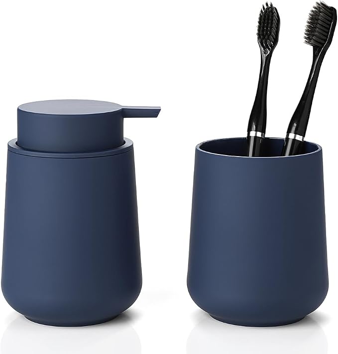 YAUKPH Matte Blue Bathroom Accessories 2 Piece Set Plastic Soap Dispenser and Toothbrush Holder for Modern Bathroom Decor