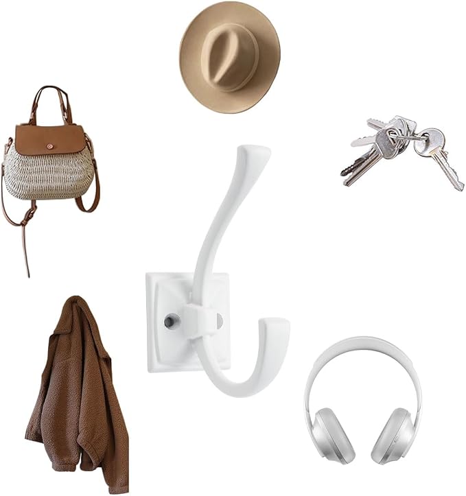 10 Pack Decorative Heavy Duty Towel Hooks for Hanging Robe Double White Coat Hooks Wall Mounted with Screws for Key, Towel, Bags, Cup, Hat