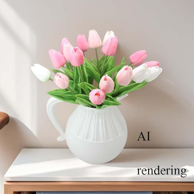 Artificial Flowers 10 Heads Mini Real Touch Artificial Tulip Multicolor Bouquet for Home Wedding Party Centerpiece Decoration (Pink&White&Light Pink)