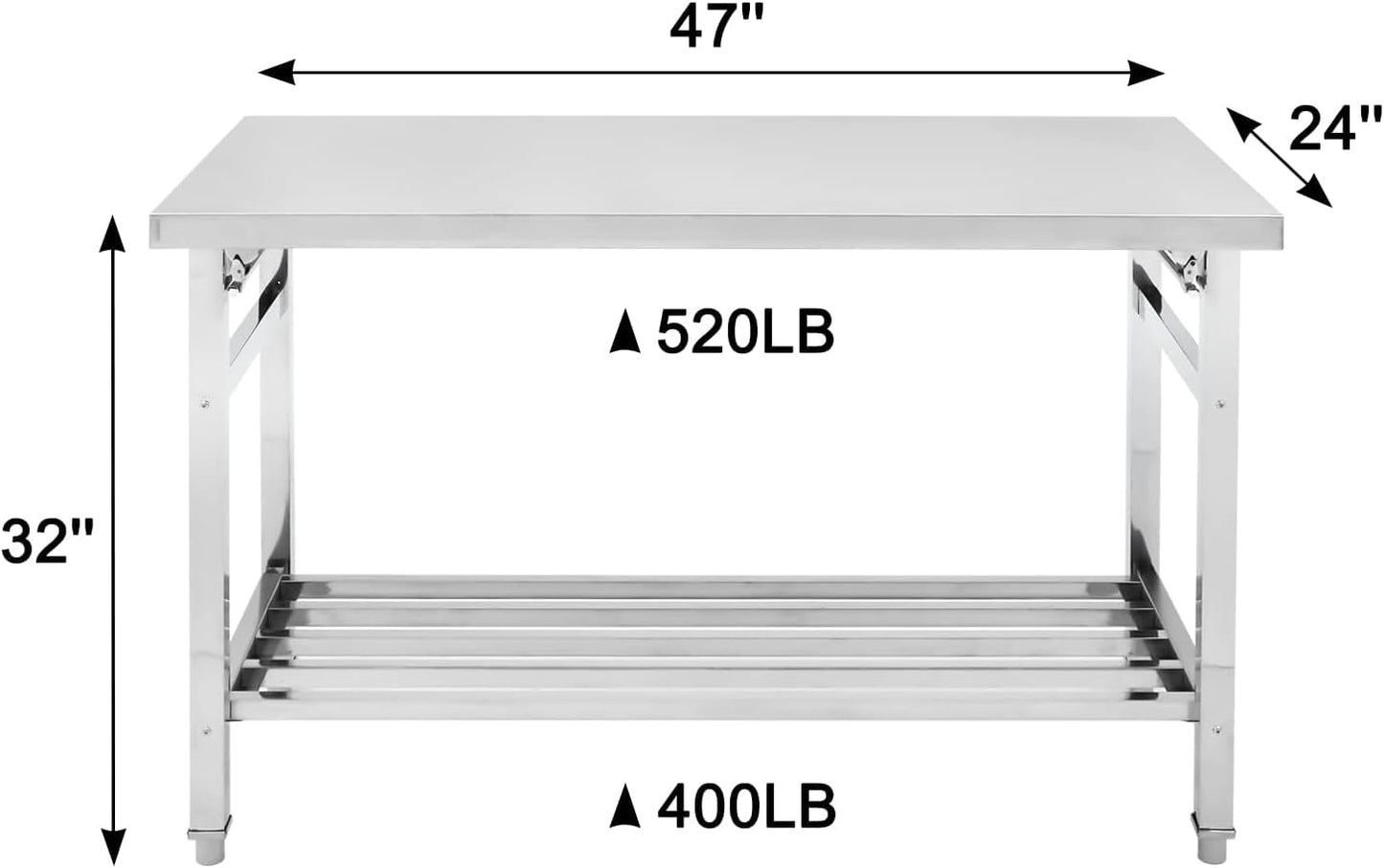 Stainless Steel Commercial Work Table - Heavy Duty 48" x 24" Folding Prep Table with Adjustable Undershelf