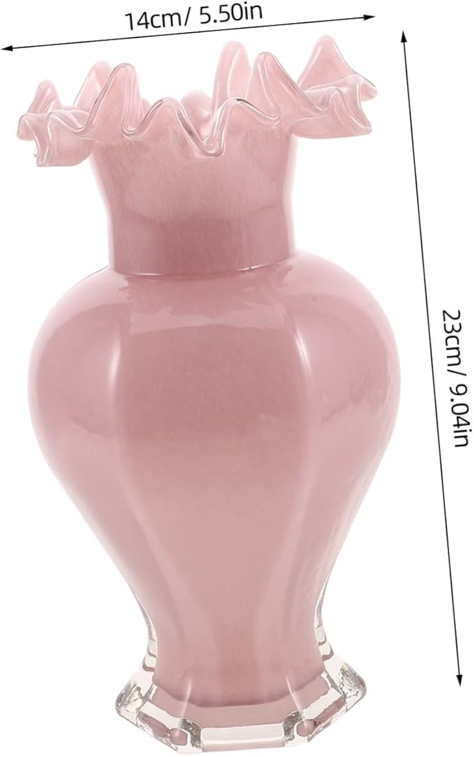 Pearlescent Pink Handblown Glass Vase with Artistic Curved Rim Unique Decorative Flower Display for Home Decor Living Centerpiece Wedding Table Accent