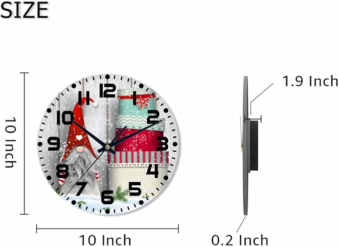 Nordic Christmas Motive Wall Clock Tomte Standing Wooden Wall in Snow Battery Powered Wall Clock Silent Non Ticking 10 Inch for Living Room, Kitchen, Home,Bathroom, Bedroom