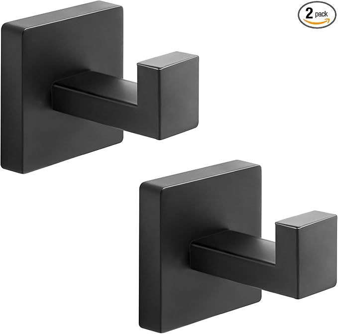 Heavy Duty Stainless Steel Towel Hooks, Wall Mounted Square Robe Hooks for Bathroom, Kitchen, Bedroom, Hotel Matte Black 2 Pack