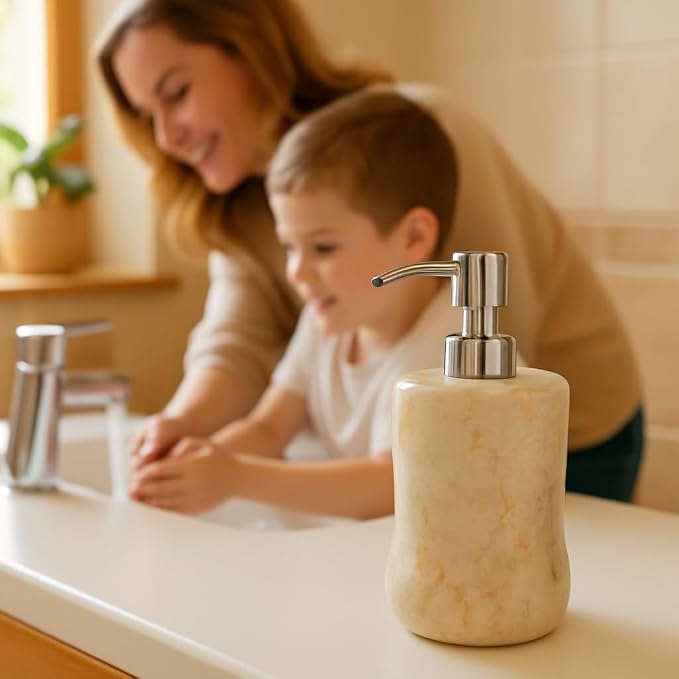 Creative Home Natural Marble Soap Dispenser with Stainless Steel Pump, Beige