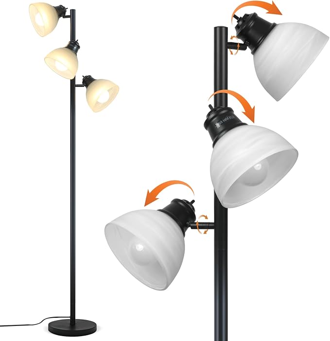 3 Light Tree Floor Lamp with Glass Shades, 3 Bulbs Included, Adjustable Black Industrial Standing Lamp for Living Room, Bedroom, Office, E26, Weighted Base