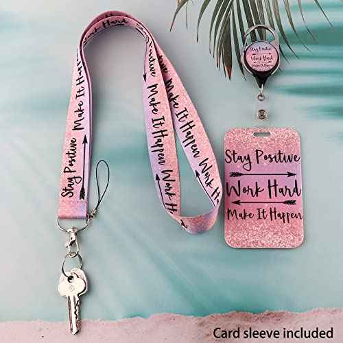 Cute Lanyard with ID Holder Pink Case and Retractable Badge Reel Clip, Glitter Arrow Motivational Keychain Key Lanyard for Women Work Nametag Teacher