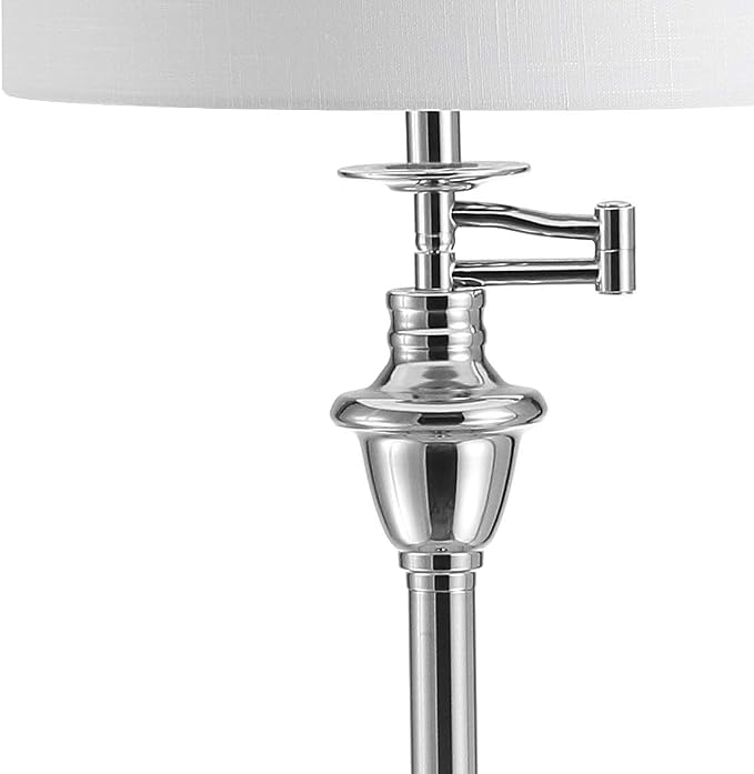 JONATHAN Y 60" Chrome Floor Lamp with Integrated Glass Side Table, Modern Swing Arm Standing Lamp for Living Room, White Linen Shade, LED Bulb Included (JYL3055B)