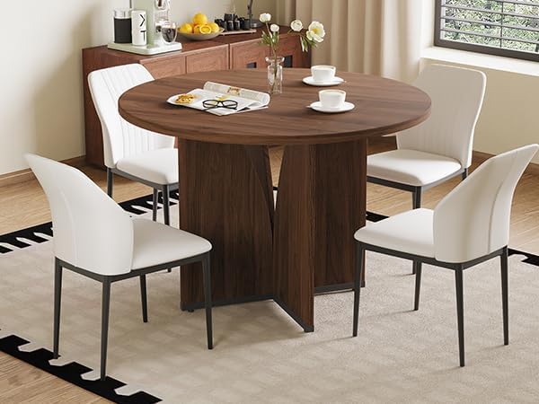 HIPIHOM Modern Round Dining Table Set for 2, 39.4" Walnut Kitchen Table with 2 PU Leather Chairs, 3-Piece Mid-Century Dining Room Set for Small Spaces, Pedestal Base & Ergonomic Padded Chairs