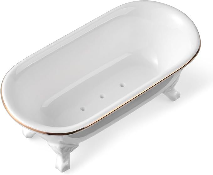 6.5" Ceramic Mini Decorative Clawfoot Bathtub Bar Soap Dish, Kitchen Sponge Holder and Shower Tray for Bathroom, 1 Pack (White Gold Rim)