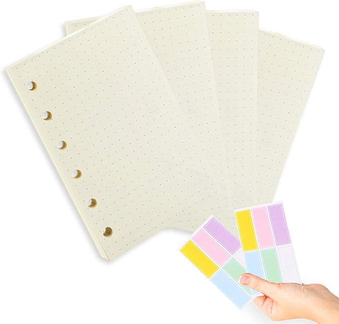A7 Planner Refill,4 Pcs per Set, Dot Mattrix Paper, with Label Stickers Gift,Mini Binder Refills for 6 Ring Mini Planners,6 hole/100gsm Thick Paper/4.84 x 3.23'', Harphia
