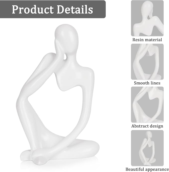 Sandstone Resin Thinker Style Abstract Sculpture Statue Collectible Figurines Home Office Bookshelf Desktop Decor (Small White, Left)