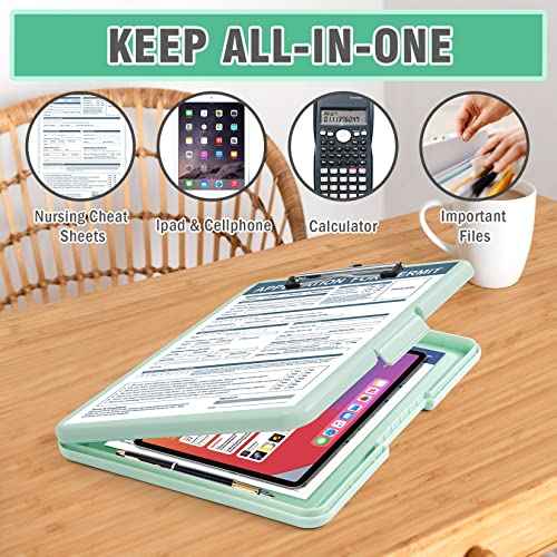 ANZNKU Clipboard with Storage 13x9.6 inches, Plastic Storage Clip Board with Side Opening, High Capacity Nursing Clip Board Foldable, Letter Size Smooth Writing for Work, Study(Light Green)