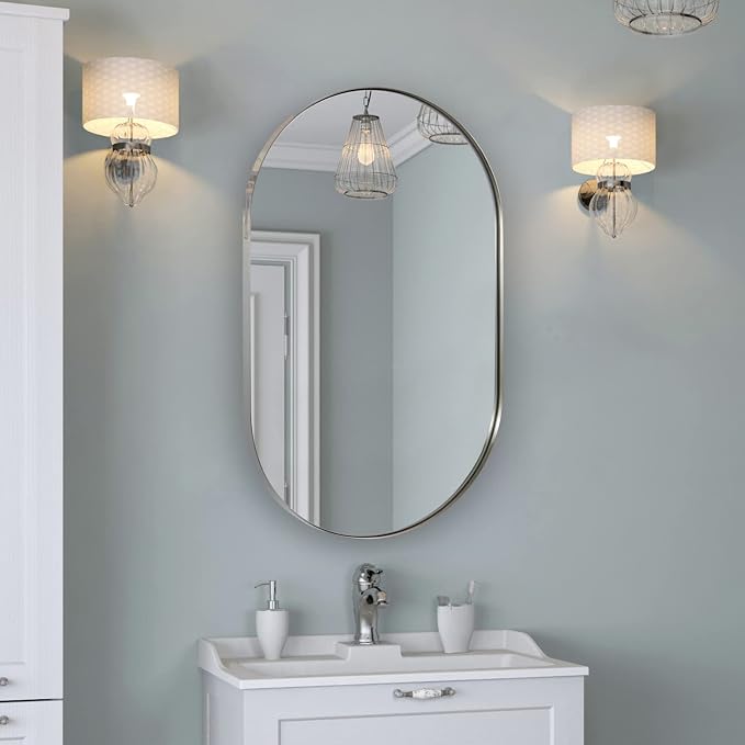 ANDY STAR Chrome Bathroom Mirror 24x36, Chrome Mirror Oval, Polished Silver Bathroom Mirror, Oval Mirrors Stainless Steel Frame Deep 1’’ Hang Vertical or Horizontal