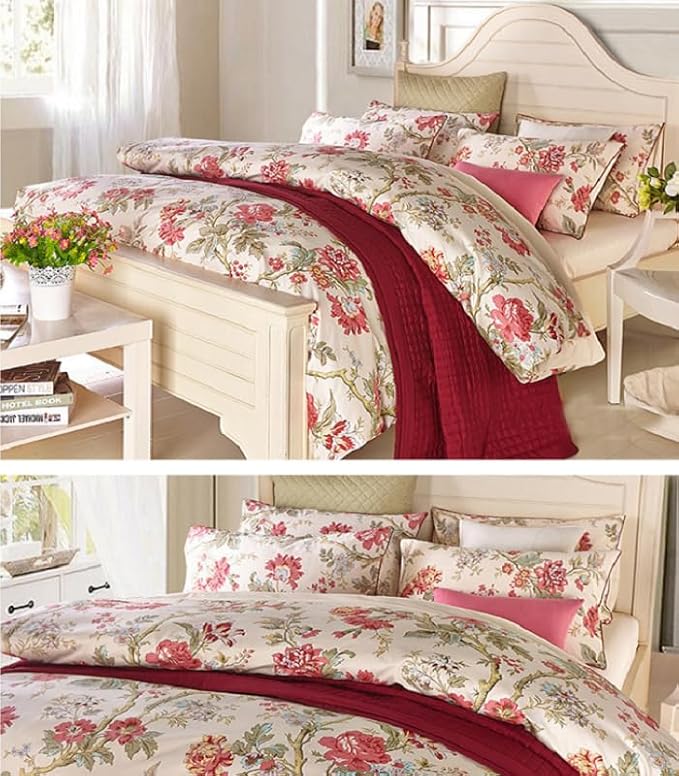 LifeTB Vintage Garden Style Duvet Cover King Red Flower Green Leaves Pattern Floral Duvet Cover Aesthetic Comforter Cover Soft Cotton Floral Bedding Set Botanical Garden Flower Duvet Cover King Size