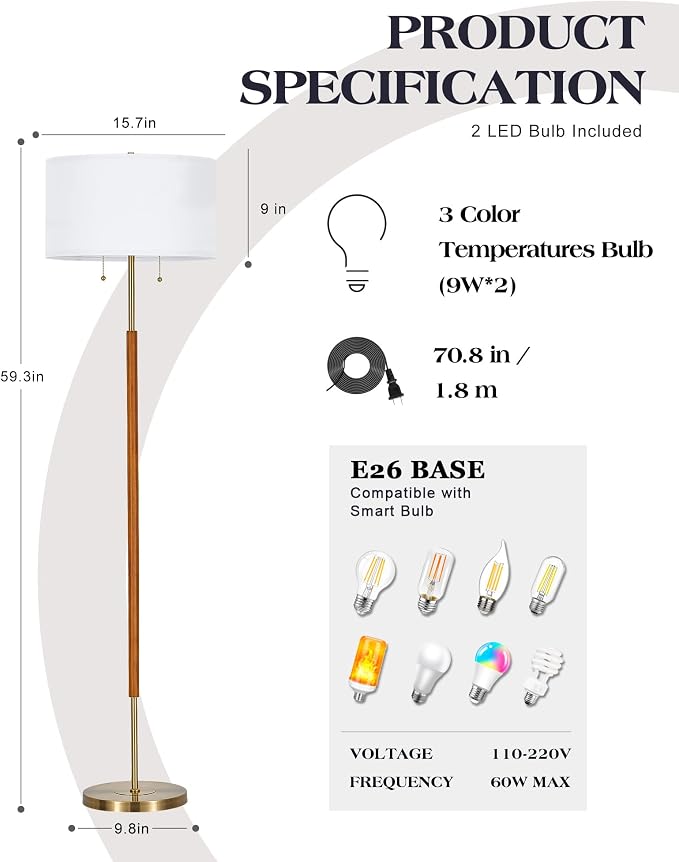 ELYONA Floor Lamp for Bedroom 2-Light Wood Standing Lamp White Fabric Shade Mid Century Modern Tall Pole Corner Light for Living Room Office 3 Color Temperatures 9W LED Bulbs Include, Brushed Brass