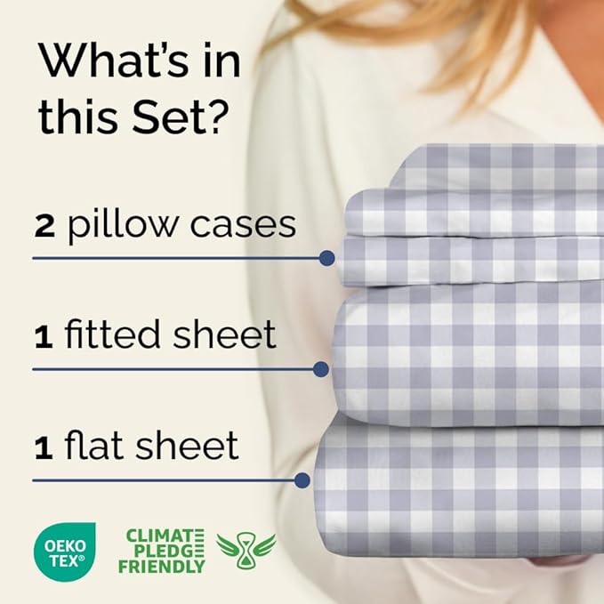 Grey Gingham Sheets - 1 Flat & 1 Fitted Sheet & 2 Pillowcases w/ Deep Pockets – Grid, Plaid, Checkered Pattern Bed Set - Wrinkle & Fade Resistant - Ultra-Soft, Breathable and Cooling - King Size