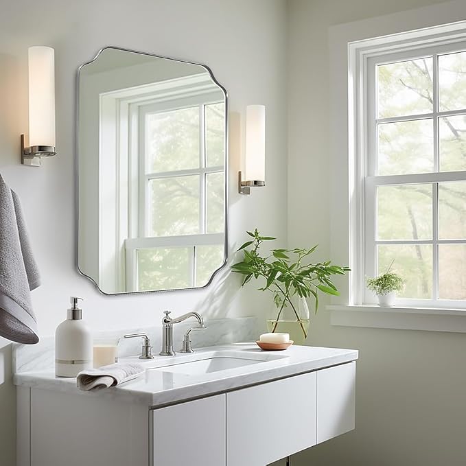 ANDY STAR Chrome Bathroom Mirror, 22x30 Inch Polished Chrome Rectangle Mirror, Scalloped Bathroom Mirror with Stainless Steel Metal Frame, Ideal for Bathroom, Living Room