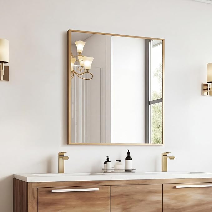 Sweetcrispy Bathroom Mirror for Over Sink, 30" x 36" Rectangle Wall Mount Mirrors with Metal Frame, Modern Vanity Mirror with Tempered Glass, for Home Decor, Anti-Rust, Gold