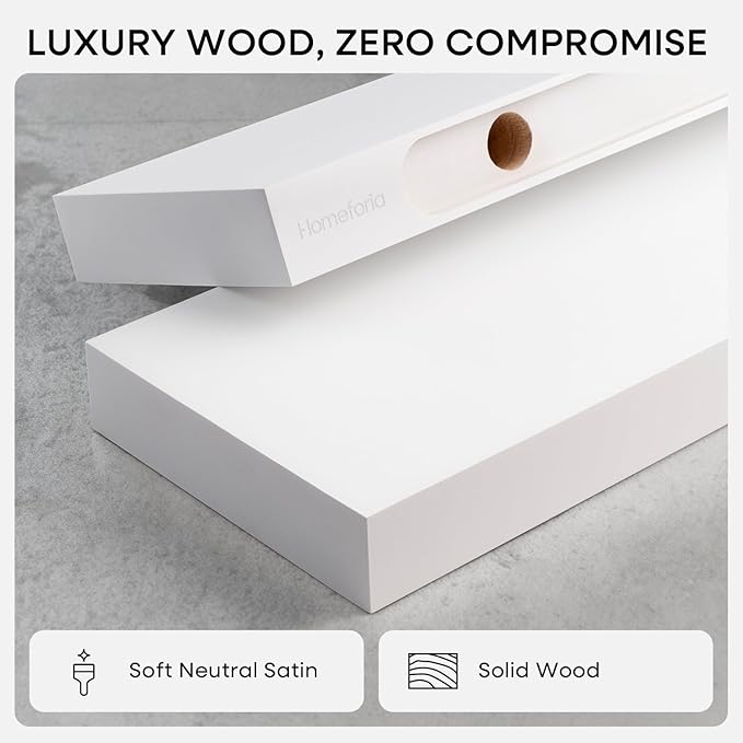 Homeforia White Floating Shelf 18 inch, High End Solid Real Wood 18inch Bathroom Floating Shelves for Wall Mounted, White Wooden 18in Floating Shelves, Heavy Duty Bracket, 18 X 6.5 X 1.75 in, Set of 4