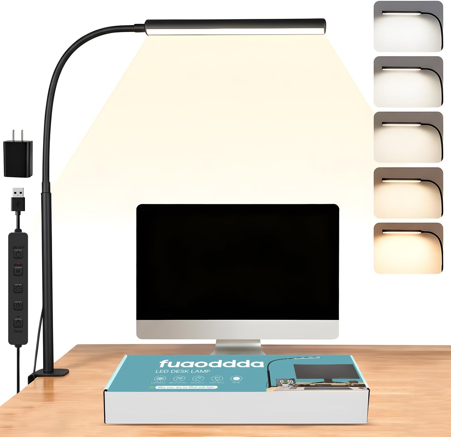 Skiennix LED Desk Lamp - Eye-Caring Clip-On Light with 5 Modes & 10 Brightness Levels | Flexible Gooseneck, Black