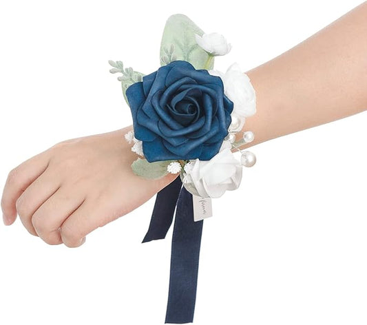 Ling's moment 2pcs Prom Wrist Corsage Artificial Flowers, Girl/Mother Corsages Wristlet Décor for Homecoming/Wedding/Anniversary, etc. Navy Blue