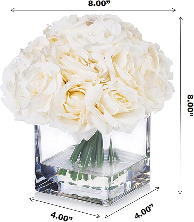 ENOVA FLORAL 18 Pieces Rose Artificial Flowers in Vase, Artificial Flowers Arrangements in Vase with Faux Water for Dining Table Decoration, Home Decor Indoor(Cream)