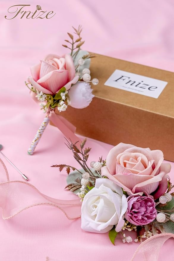 Fnize Pink Corsage and Boutonniere Set for Bride Groom Bridesmaids Groomsmen Wedding Homecoming Flowers Prom Suit Accessories, Rose Boutonniere and Wrist Corsage Flower