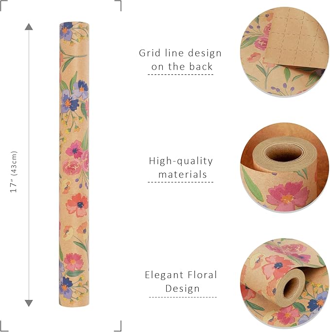 BIOBROWN Kraft Floral Wrapping Paper Roll - 17 Inches X 33 Feet (47 sq. ft. ttl.) Vintage Boho Rose Design Flower Gift Wrap for Wedding, Bridal Shower, Mothers Day, Holiday