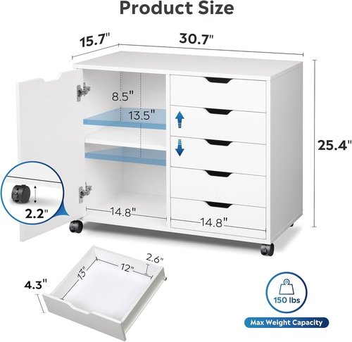 Regine Switzerland 5-Drawer Wood Storage Cabinet - Adjustable Shelf & Wheels | White, 15.7" D x 30.7" W x 25.4" H