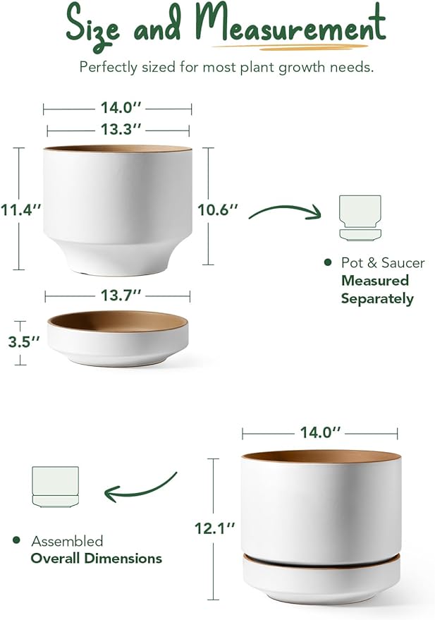 LE TAUCI 14 Inch Large Plant Pot with Saucer, Ceramic Outdoor & Indoor Big Planter with Drainage Hole, Mesh Pad & Plug Included, Matte Glazed Outside, Modern for Home and Patio, Alpine White & Ochre