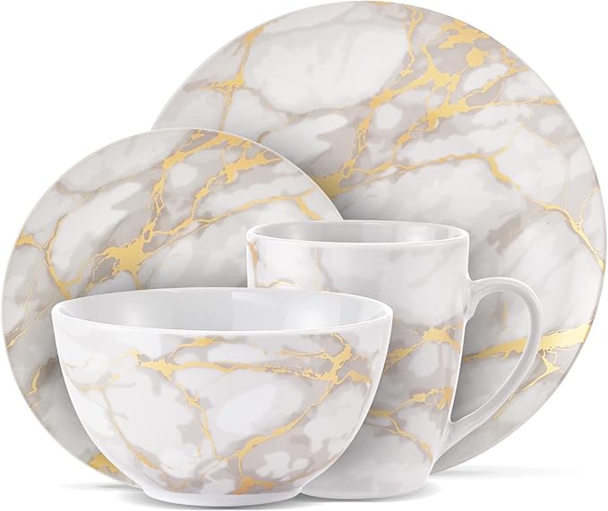 Safdie & Co 16-Piece Modern Premium Porcelain Ceramic Dinner Set, Lightweight Designed, Stackable, in Gold Marble/Gray Finish
