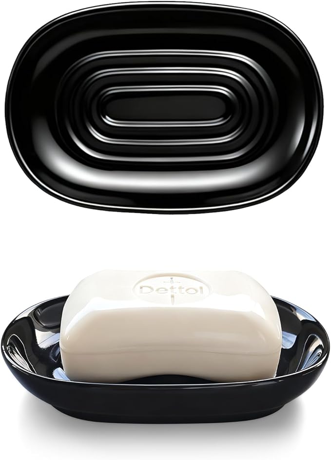 Ceramic Soap Dish for Bath Sink- Modern Black Bar Soap Holder for Shower - Easy to Clean Multi-Purpose Oval Soap Dishes for Soap Bar, Sponges, Jewelry, Small Items | Fits Bathroom & Kitchen