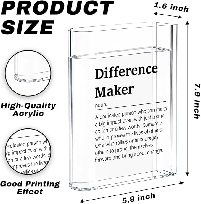 Difference Maker Bosses Day Gifts for Women Men Funny Office Decor for Women Wooden Acrylic Book Flower Vase National Boss Day Decorations Gifts for Leader HR Men Manager Office Bookshelf Desk Decor