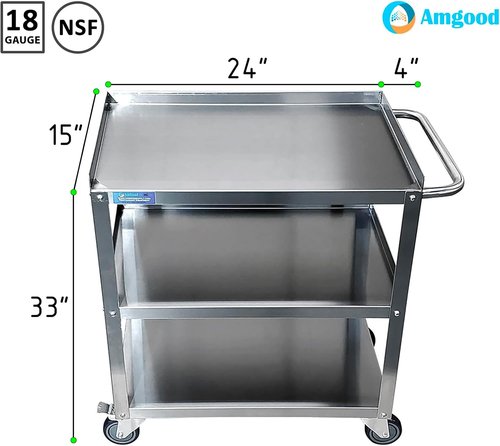 3 Shelf Metal Utility Cart on Wheels with Handle - 15 in. Wide X 24 in. Long X 33 in. High