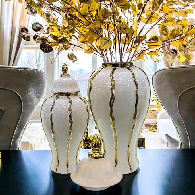 Ginger Jar, White Gold Ceramic Vase Large Handmade Porcelain Vases with Lid, White Gold Decorative Flower Vase for Home, Living Room, Weddings, Centerpieces (14in with Lid)
