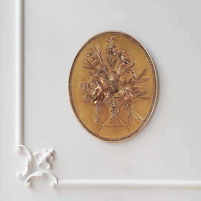 SIKOO Vintage Wall Sculptures Gold Flower Wall Art Hand Painted Ornate Wall Hanging Decoration Antique Pediment Wall Statue Ornament Decor Gallery for Kitchen Bedroom Living Room,Gold