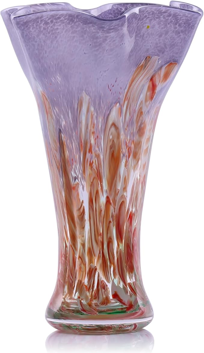 9.0" H Red Glass Vases for Flowers, Hand Blow Glass Vase Red Home Decor, Wide Mouth Blue Flower Vase Centerpieces, for Bookshelf,Dinner Table,Indoor Office Desktop,Meeting Room,Bathroom,Countertop