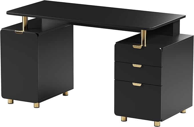Elegant 56.75" W Executive Desk with 3 Drawers and Storage Cabinet, Modern Office Desk with Gold Accents, Floating Work Surface, Closed Storage with Ventilation & Adjustable Shelf (Black,Gold)