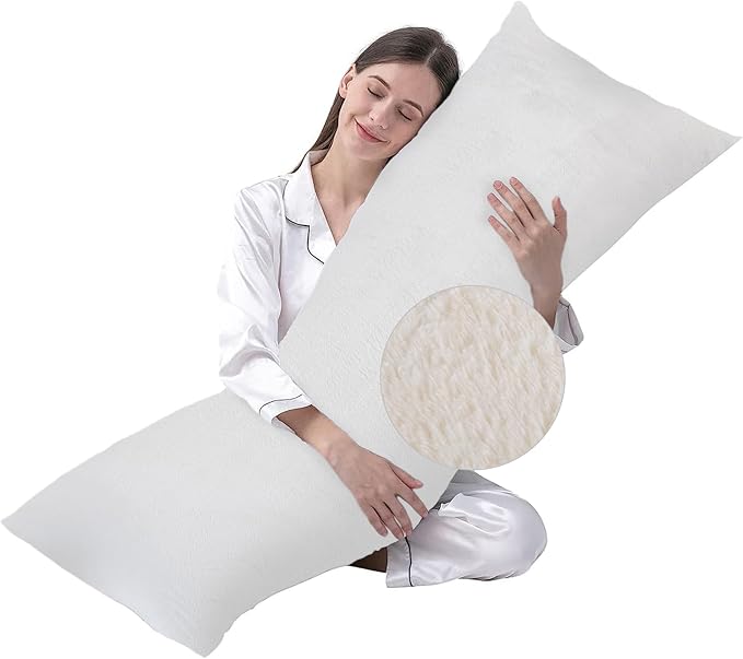 DOWNCOOL Large Body Pillow Insert with Faux Fur Cover - Fluffy Long Bed Pillow for Sleeping - Breathable Full Body Pillow for Adults - 20x54 inch (White, with Cover)