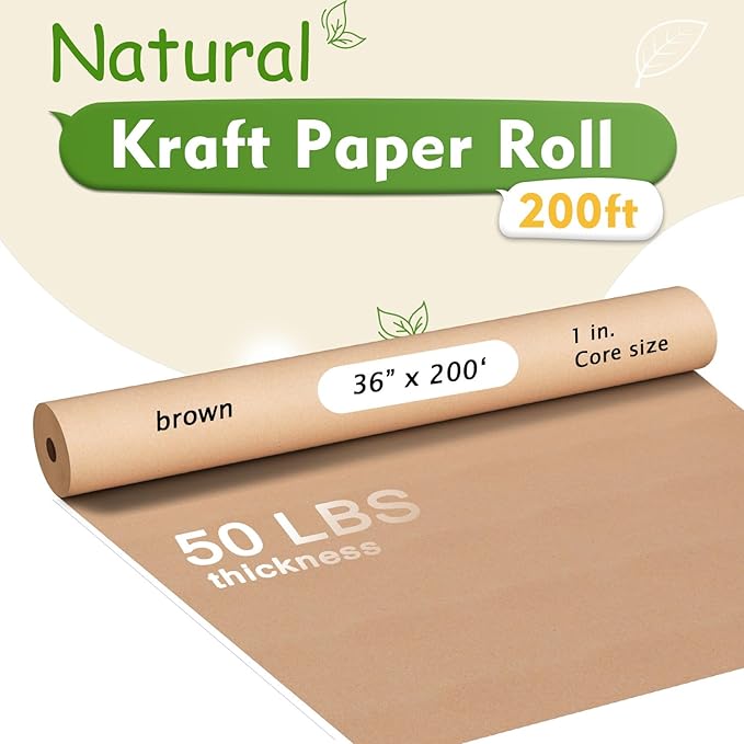 BAIJIALI 36" x 2,400" (200') Kraft Paper Roll for Craft Bulletin Board Paper Art Table Covering Crafting Gift Wrapping Bouquet Packing Parcel (Brown, 36''x200')